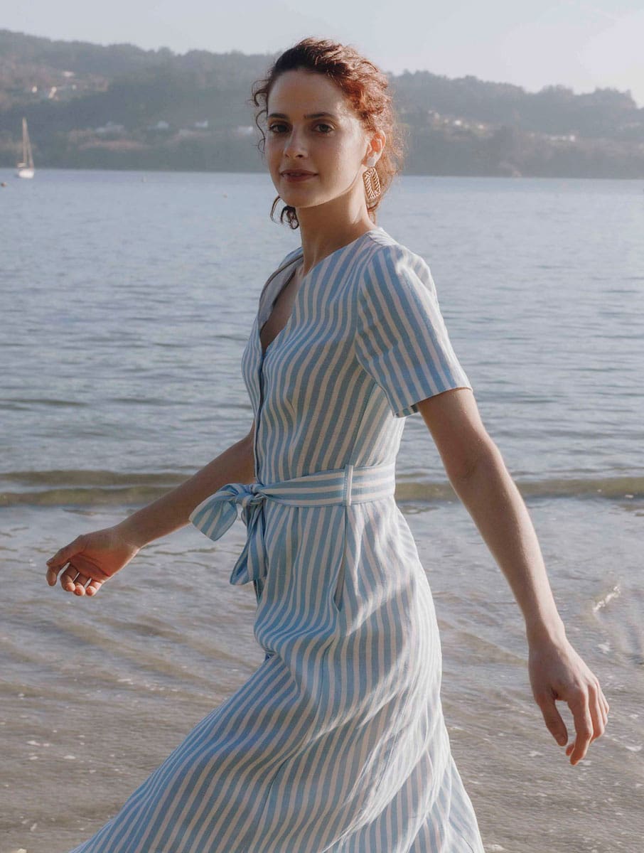 Vestido abotonado de lino con rayas marineras - Imagen 6