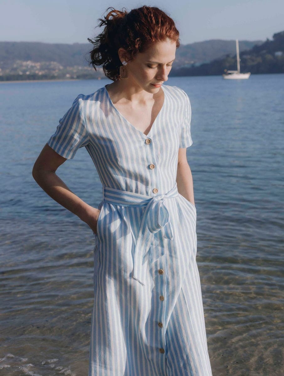 Vestido abotonado de lino con rayas marineras - Imagen 7