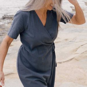 Vestido cruzado manga corta azul de algodón orgánico