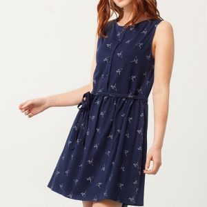 Vestido azul marino con cinturón estampado origami
