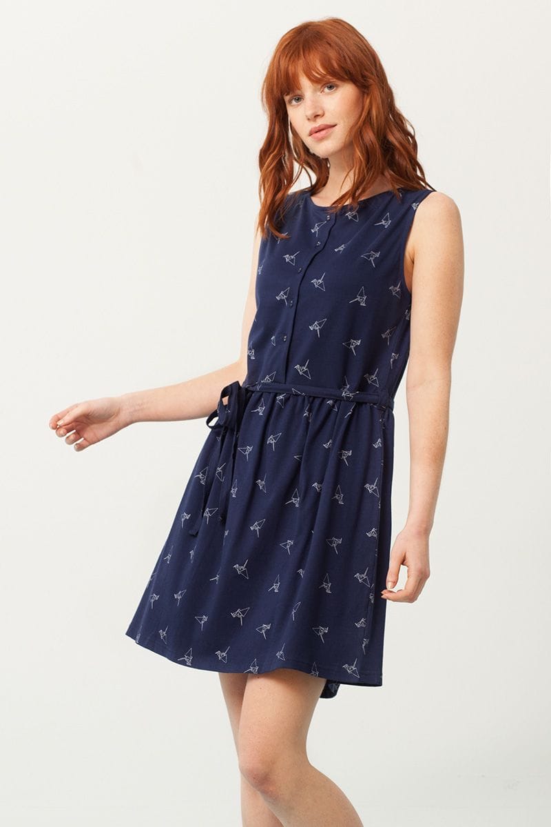 Vestido azul marino con cinturón estampado origami - Imagen 2