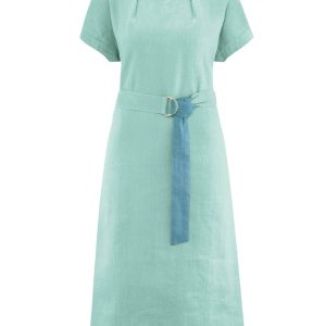 Vestido verde de cáñamo de manga corta con cinturón