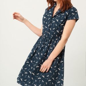 Vestido cuello camisero azul estampado libélulas