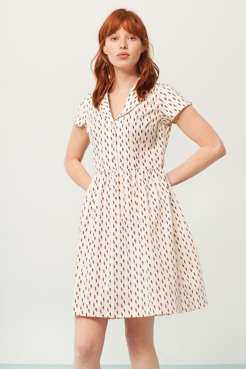 Vestido cuello camisero crudo estampado abstracto