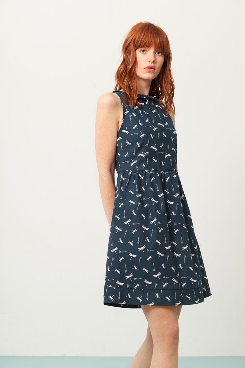 Vestido cuello peter pan azul estampado libélulas - Imagen 2