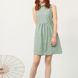 Vestido cuello peter pan verde estampado bambú