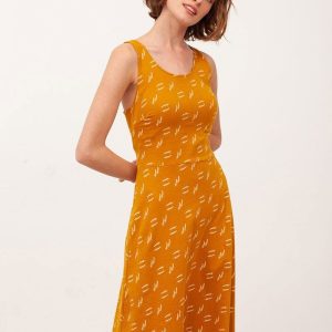 Vestido de algodón orgánico mostaza con espalda cruzada
