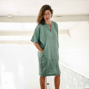 Vestido de lino mujer con manga japonesa