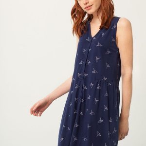 Vestido escote V azul estampado origami