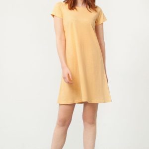 Vestido evasé amarillo estampado abanicos