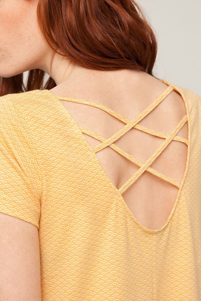 Vestido evasé amarillo estampado abanicos - Imagen 3