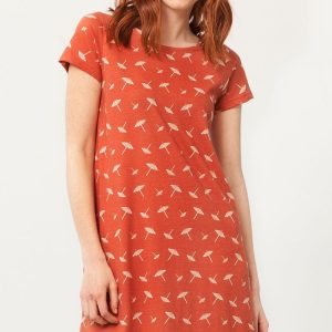 Vestido evasé terracota estampado sombrillas