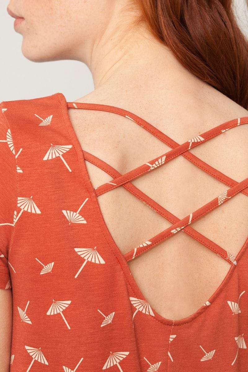 Vestido evasé terracota estampado sombrillas - Imagen 3