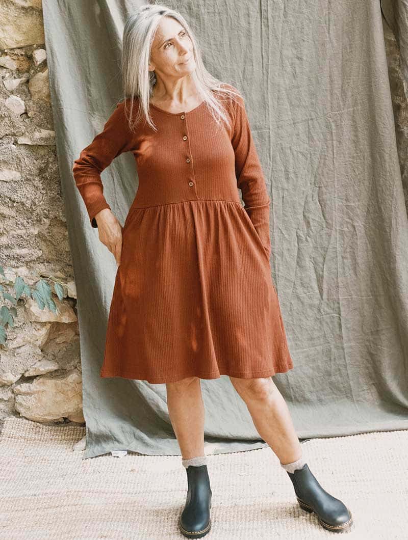 Vestido manga larga de canalé de algodón orgánico - Imagen 2