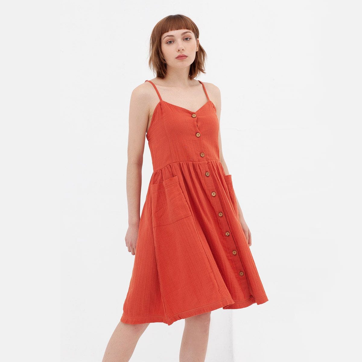 Vestido midi con tirantes de algodón orgánico color teja - Imagen 2