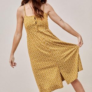 Vestido midi ecológico mostaza étnico con tirantes