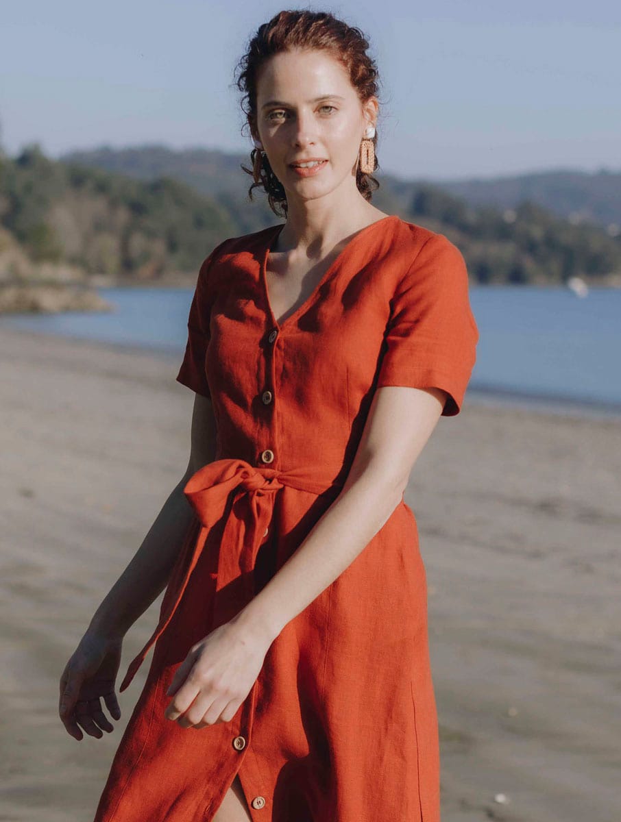 Vestido rojo lino con botones - Imagen 5