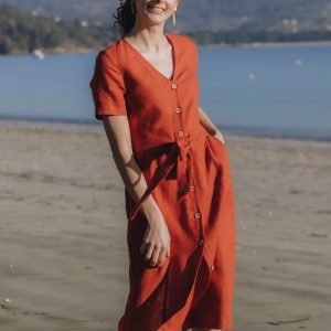 Vestido rojo lino con botones