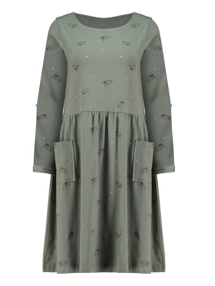 Vestido oversize verde con pájaros de algodón orgánico - Imagen 3