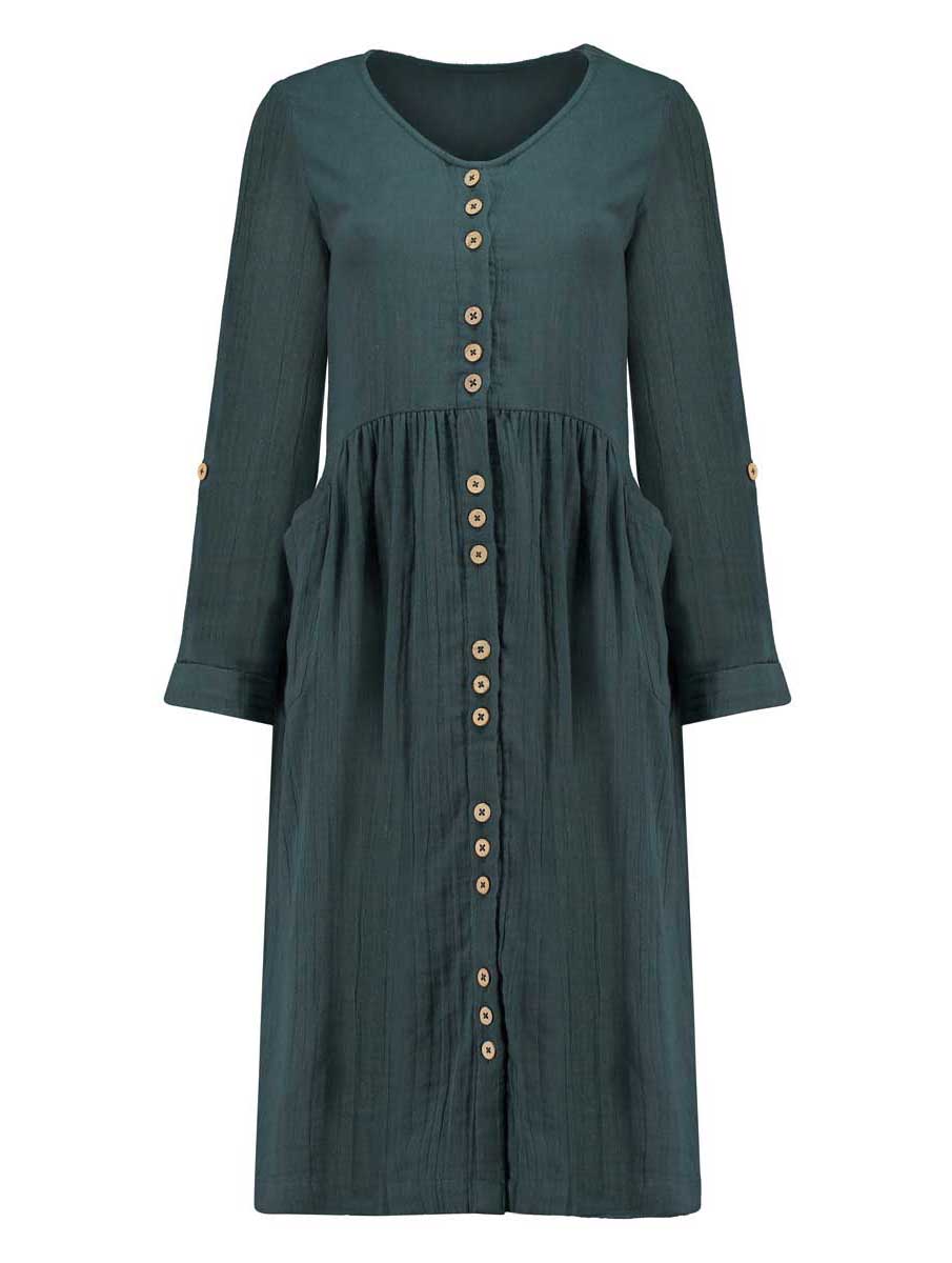 Vestido cuello pico azul con botones ecológico - Imagen 3