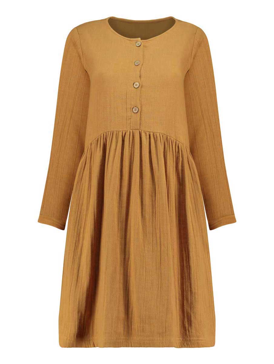 Vestido oversize corto mostaza de algodón ecológico - Imagen 3